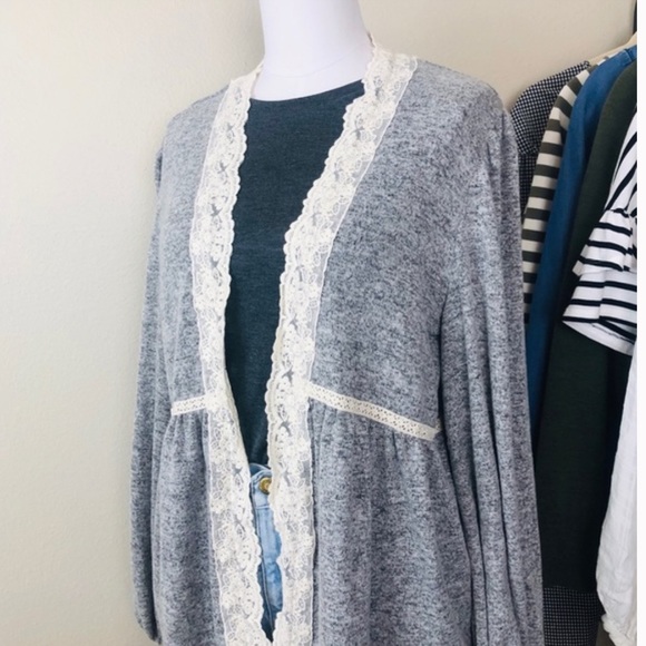🏹 Boho Heather Grey & Cream Lacy Layering Kimono - Picture 4 of 13